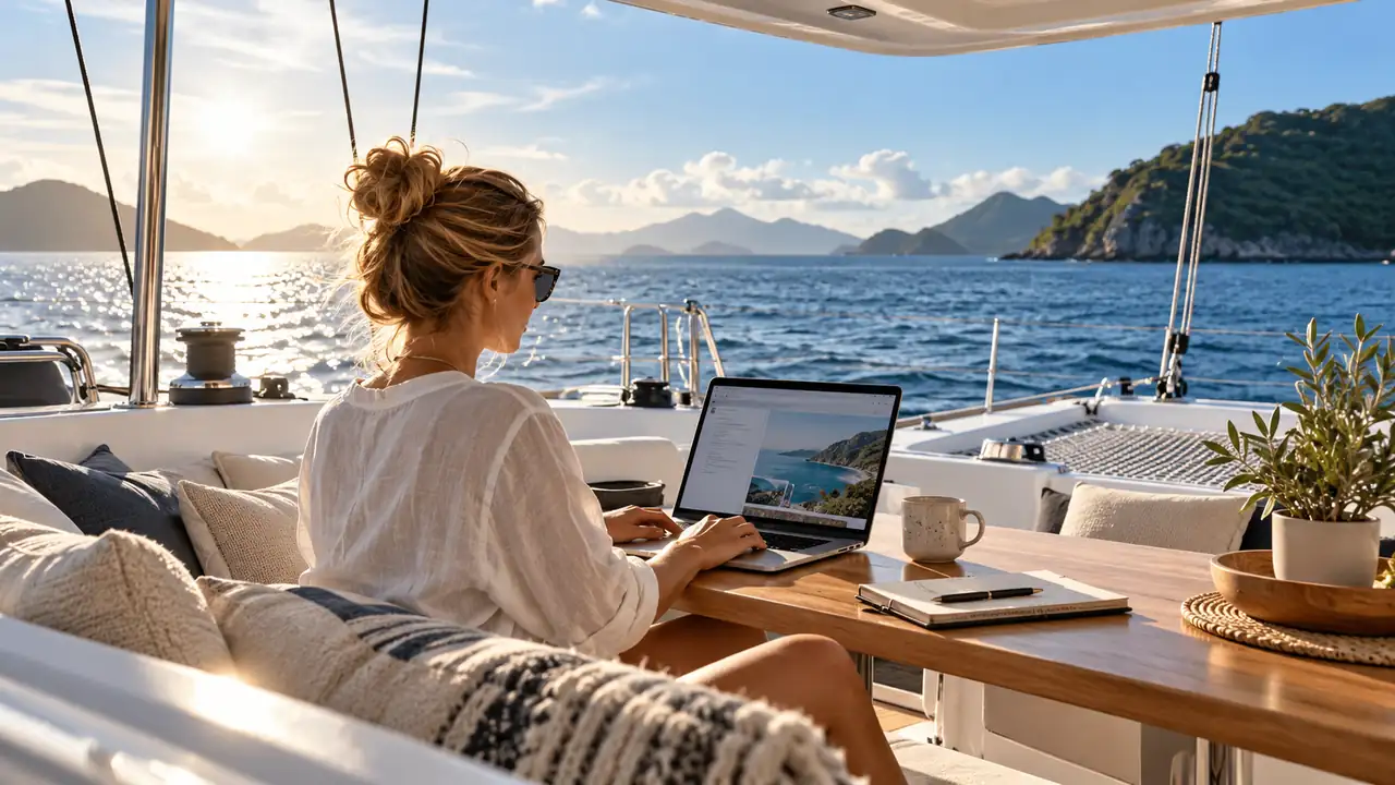 Arbeiten mit Laptop auf einem Katamaran